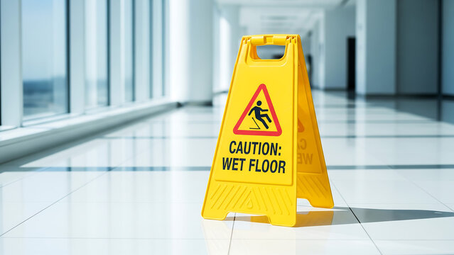 Yellow caution wet floor sign standing in a hallway