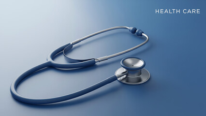 Close up of a stethoscope on a blue background with the words health care