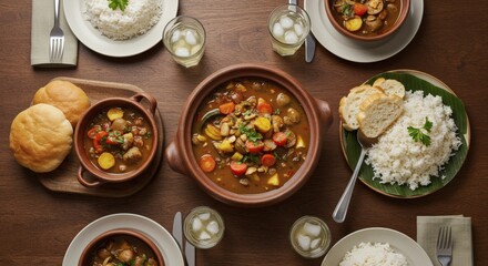 Authentic Caribbean Family Meal with Soup, Rice, and Ginger Beer