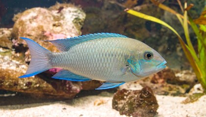 Fototapeta premium Aquarium fish, gray-blue with blue fins, in tank
