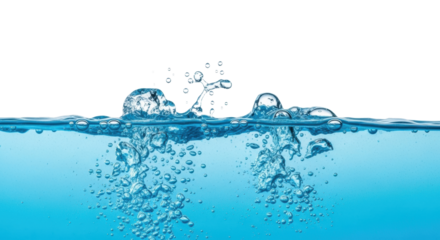 Crystal clear azure water with dynamic ripples, frozen splashes, and rising transparent bubbles in a macro studio shot, against a transparent background with copy space. Concept for clean advertising