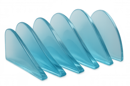 Smooth, translucent blue glass fins form an undulating wave pattern, perfect for design projects needing a touch of modern elegance