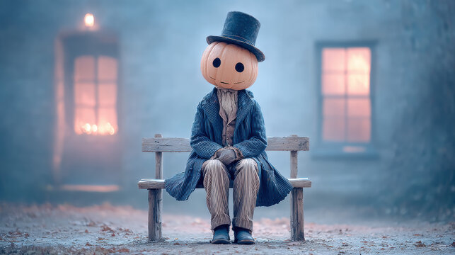 1890s person with halloween outfit, A whimsical image of a person with a pumpkin head creating chaos.