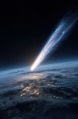 A luminous comet streaks across the dark expanse of space, hurtling towards a planet bathed in the soft glow of its illuminated surface.