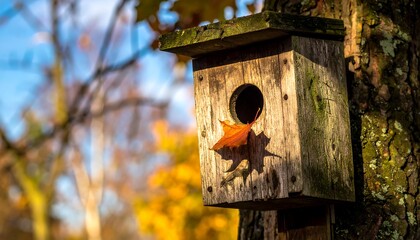 Autumnal birdhouse nestled in a tree