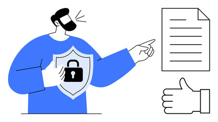 Man pointing at a document, holding a shield with a lock. Hand approval gesture nearby. Ideal for cybersecurity, privacy, digital safety, agreement, compliance, trust simple landing page