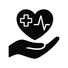 Obraz premium Healthcare Support Icon – Medical Heart, Hand Care, Wellness and Insurance Symbol