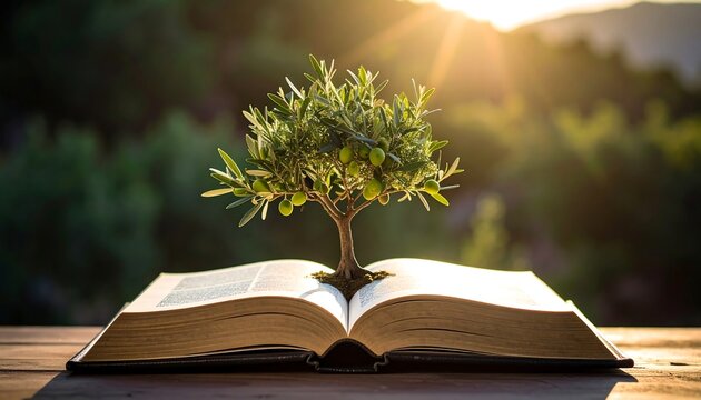 Olive tree growing from book pages symbolizes the power of knowledge