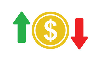 Financial Growth and Decline Icons – Dollar Sign with Up and Down Arrows Vector Illustration