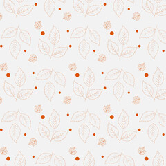 Pattern with outline orange leaves on white background, seamless pattern with leaves