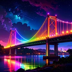 Fototapeta premium A vibrant suspension bridge, adorned with colorful lights, spans a serene river at twilight, reflecting the rainbow hues in the still water under a starlit sky.