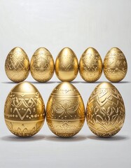 Seven golden, decorated eggs arranged in a row
