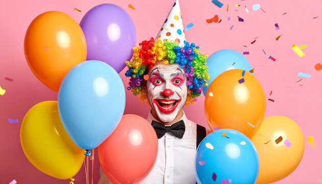 Happy Birthday Clown with Rainbow Wig, Red Nose, Colorful Costume, and Bright Balloons Laughing with Confetti Falling on Celebration Party Background