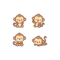 Cute monkey cartoon collection in different poses, vector illustration