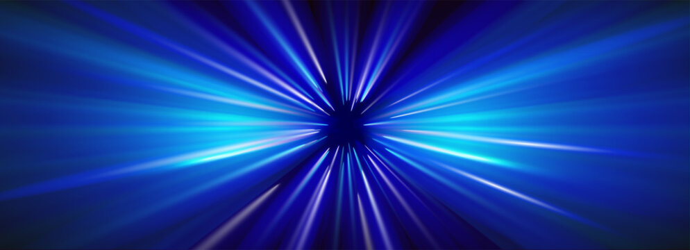 Space blue warp hyperspace with lightspeed light background effect. Line anime fast neon abstract perspective star trail motion glow. Streak night tunnel zoom way or technology flare vector design.