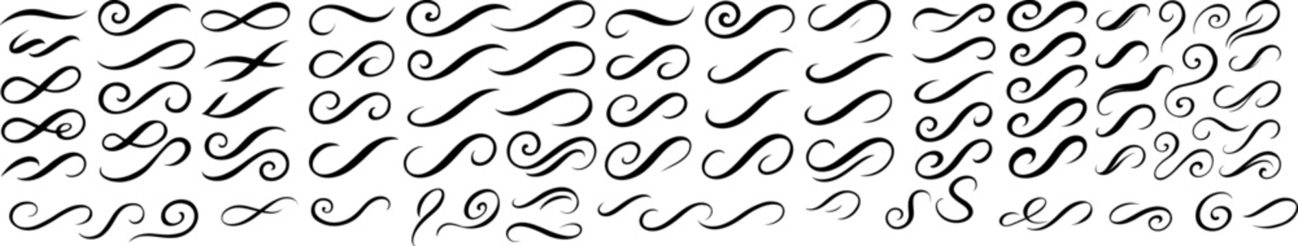 Large collection of hand-drawn calligraphy swashes, flourishes, and swooshes for logos, invitations, branding accents, dividers, and decorative design vector.