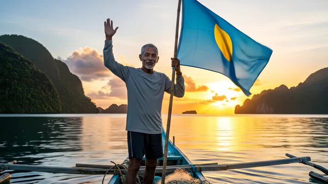 senior man stands proudly on boat holding palauan flag against breathtaking sunset over calm waters with lush hills in background. adventure, travel, and exploration. palau national day - Powered by Adobe
