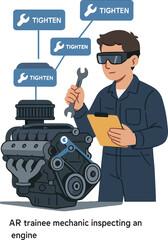 Trainee mechanic inspecting a real engine with AR callouts pointing to parts to tighten illustration