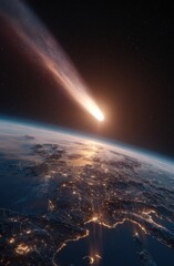 A celestial spectacle unfolds, showcasing a blazing comet hurtling towards a brightly lit planet earth.