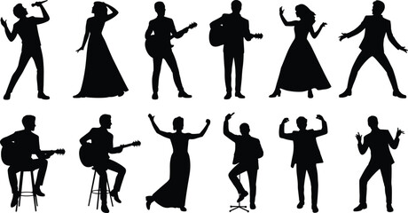 Silhouettes of male and female musicians singing and playing guitar, live concert performance, musical band on stage, entertainment, music show