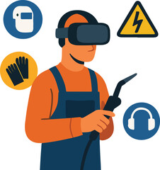 Welding apprentice training in VR helmet up holding virtual torch with safety icons floating illustration