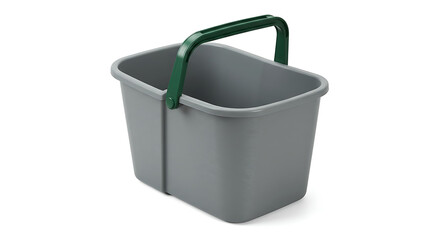 Studio shot of a gray plastic cleaning bucket with a green handle, isolated on a white background in a professional