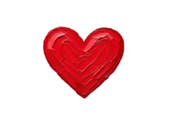 Vibrant red heart hand-painted with rich textured oil or acrylic impasto brush strokes, on transparent background with copy space, concept of love and romance