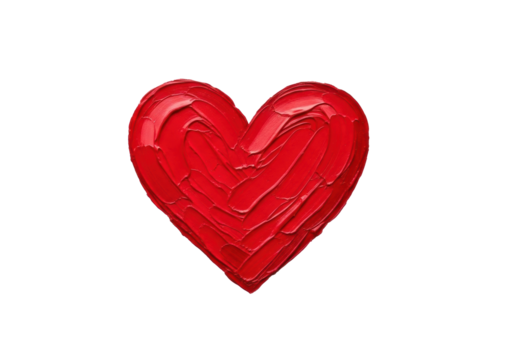 Vibrant red heart hand-painted with rich textured oil or acrylic impasto brush strokes, on transparent background with copy space, concept of love and romance