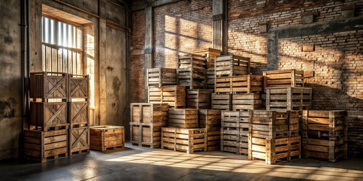 Sunlit Rustic Warehouse Interior Featuring Stacked Wooden Cargo Crates