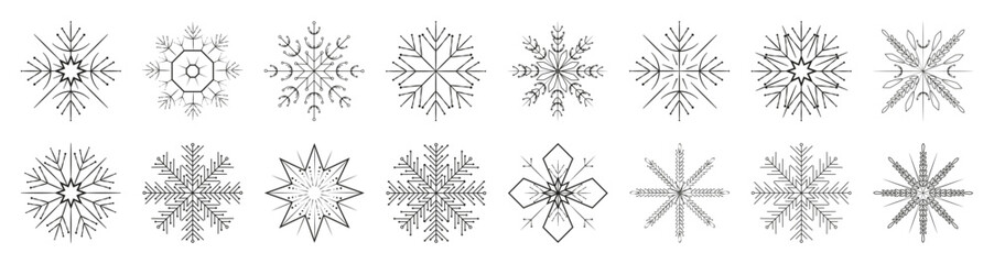 Snowflakes set icons. Flake crystal silhouette collection. Happy new year, xmas, christmas. Snow, holiday, cold weather, frost. Winter design elements.