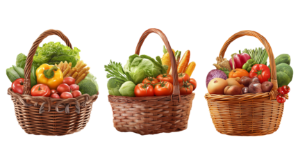Three baskets of fresh vegetables on transparent background
