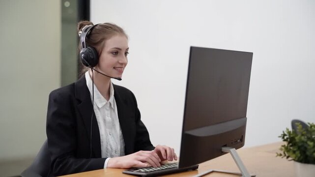 Professional woman working at a computer while wearing a headset in an office setting