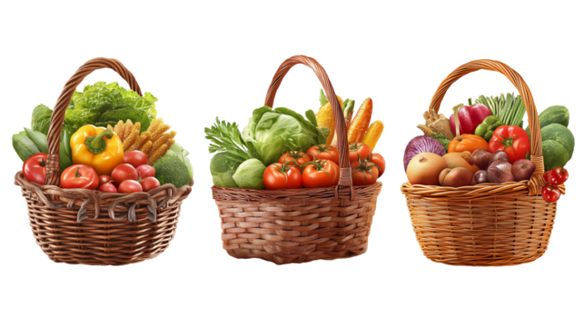 Three baskets of fresh vegetables on transparent background