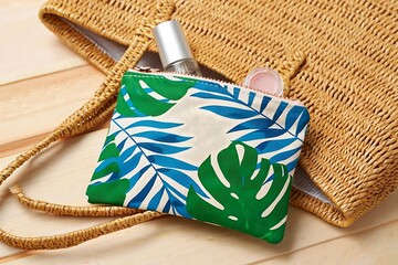 Naklejka premium Tropical print pouch with straw bag and perfume bottle