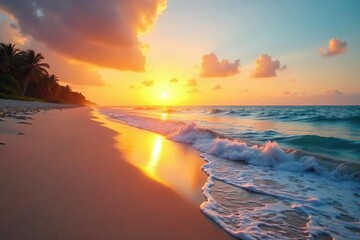 Golden hour light bathes a tranquil sunrise beach, soft sand meets calm ocean waves  Perfect for travel, vacation, and nature themes ,  waves,  travel,  landscape