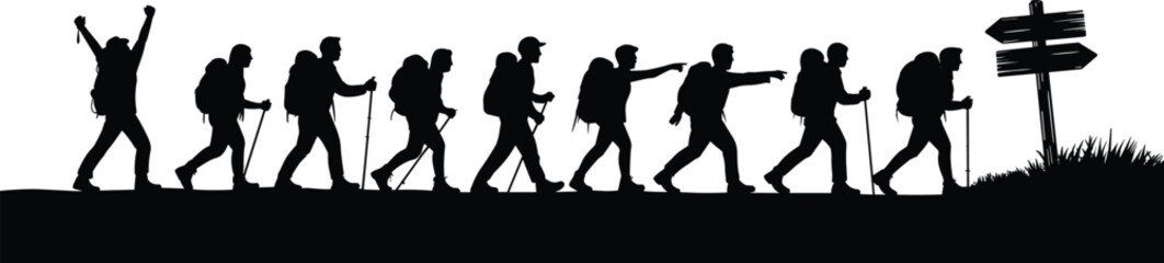 Silhouette of group hikers trekking on flat terrain, carrying backpacks and walking sticks, outdoor adventure, teamwork, nature exploration, fitness, healthy lifestyle