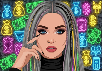 Trendy Woman with Neon Money and Wealth Symbols in Background