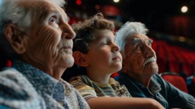 An elderly man and woman in wheelchairs watching a film with an eager young boy, highlighting the joy of community-based social activities.