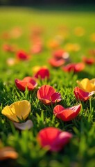 Close-up of vibrant flower petals scattered on lush green grass outdoors, bathed in sunlight A perfect image for spring, nature, and floral themes , beauty, nature