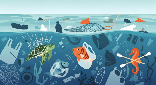 Ocean Pollution Illustration with Turtle, Fish, Plastic Waste in Blue Water