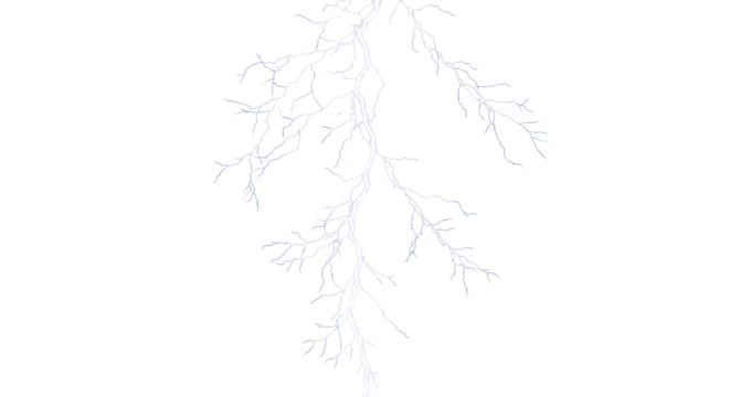 A prominent lightning bolt with intricate, jagged branches, brilliantly illuminated transparent and electric blue against a deep matte black background, expansive copy space. Concept of raw electrical