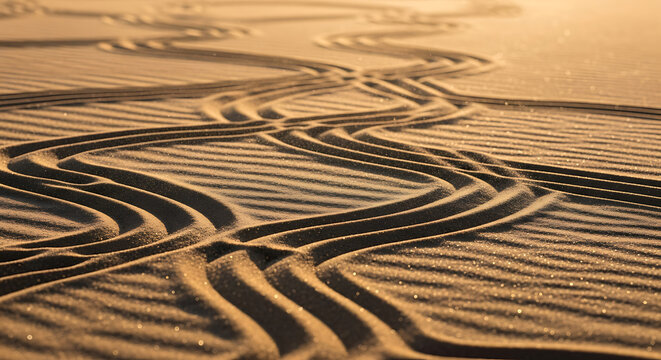 Abstract patterns of tire tracks imprinted on golden desert sand dunes under soft sunlight, creating a unique natural texture - Powered by Adobe