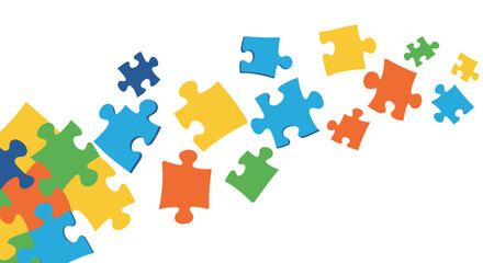 Colorful Jigsaw Puzzle Pieces Scattered on a White Background.