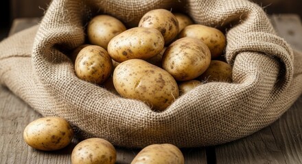 Freshly Harvested Russet Potatoes in a Burlap Sack on Rustic Wooden Surface