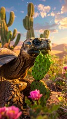 Tortoise in desert landscape eating cactus