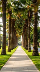 Fototapeta premium A pathway lined with tall palm trees extends into the distance, bathed in sunlight.
