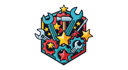 Colorful Tools and Gears Emblem with Stars for Achievement and Maintenance.