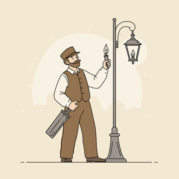 Night attendant of light: lamplighter lights gas lamp - minimalist illustration in historical color