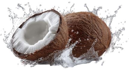 Coconut halves with water splashes on transparent background