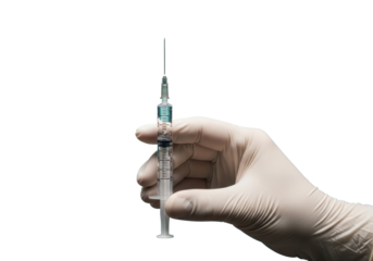 Human hand in transparent medical glove precisely holding an insulin-type syringe with upward-pointing needle and liquid, against a teal-blue bokeh background, concept of vaccination and medical